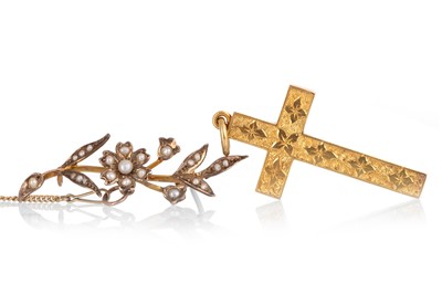 Lot 406 - ENGRAVED CROSS PENDANT ALONG WITH A SEED PEARL BAR BROOCH