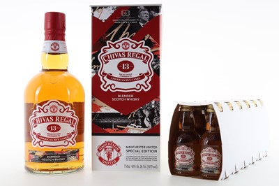 Lot 435 - CHIVAS REGAL 13 YEAR OLD MANCHESTER UNITED 75CL AND 12 MATCHING MINIATURES