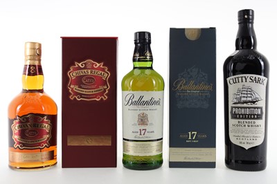 Lot 50 - BALLANTINE'S 17 YEAR OLD, CHIVAS REGAL EXTRA 75CL AND CUTTY SARK PROHIBITION EDITION