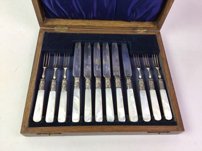 Lot 770 - SET OF SIX EACH MOTHER OF PEARL HANDLED SILVER PLATED DESSERT FORKS AND KNIVES