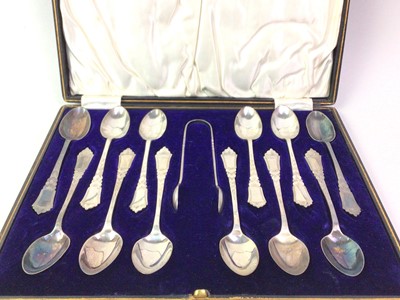 Lot 98 - SET OF PLATED TEASPOONS AND TONGS