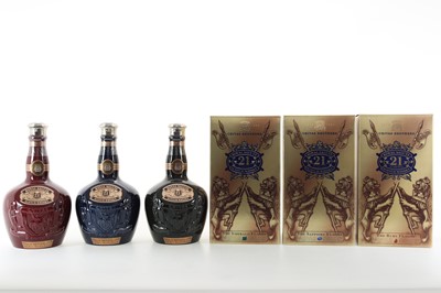 Lot 112 - CHIVAS ROYAL SALUTE 21 YEAR OLD RUBY, EMERALD AND SAPPHIRE DECANTERS