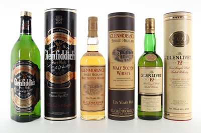 Lot 97 - GLENMORANGIE 10 YEAR OLD, GLENLIVET 12 YEAR OLD AND GLENFIDDICH PURE MALT 1L