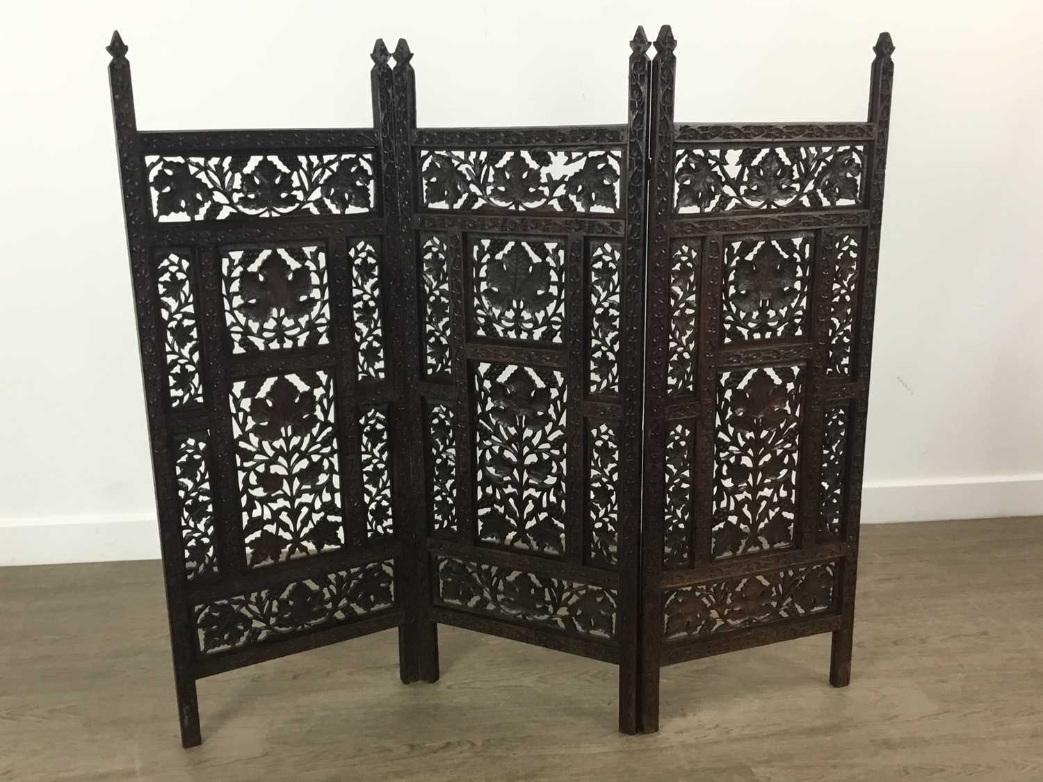 Lot 102 - MAHOGANY CARVED FOLDING SCREEN