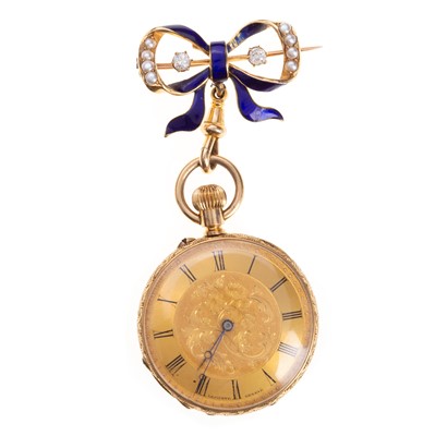 Lot 809 - LATE VICTORIAN DIAMOND SET AND ENAMELLED FOB WATCH