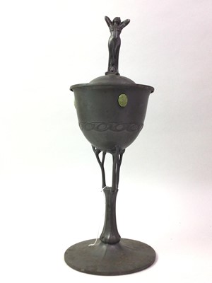 Lot 466 - GERMAN PEWTER CHALICE WITH CERAMIC CABOCHONS