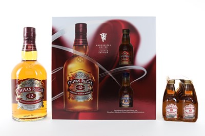 Lot 64 - CHIVAS REGAL 12 YEAR OLD 75CL MANCHESTER UNITED GIFT PACK AND 12 MINIATURES