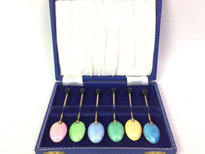 Lot 615 - SET OF SIX ART DECO STYLE GILT METAL GUILLOCHE ENAMEL COFFEE BEAN SPOONS