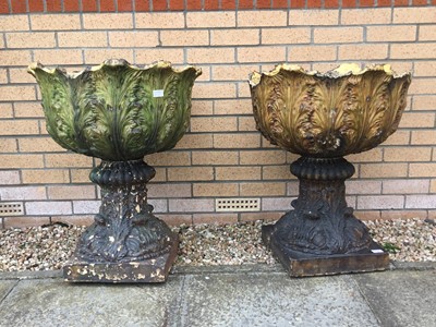 Lot 1498 - PAIR OF VICTORIAN MAJOLICA GLAZED GARDEN URNS