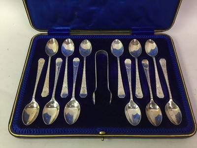 Lot 514 - SET OF TWELVE SILVER TEASPOONS AND TONGS