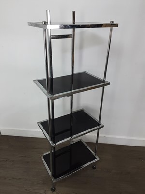 Lot 666 - CONTEMPORARY CHROME AND BLACK GLASS OPEN DISPLAY SHELVES