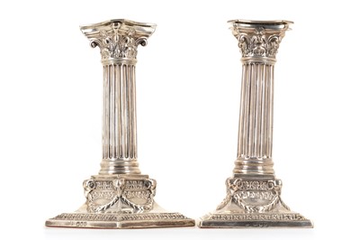 Lot 1107 - PAIR OF VICTORIAN SILVER CORINTHIAN COLUMN CANDLESTICKS