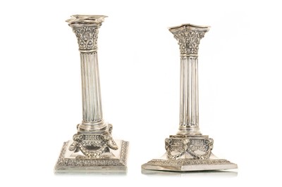 Lot 1108 - PAIR OF SILVER PLATED CORINTHIAN COLUMN CANDLESTICKS