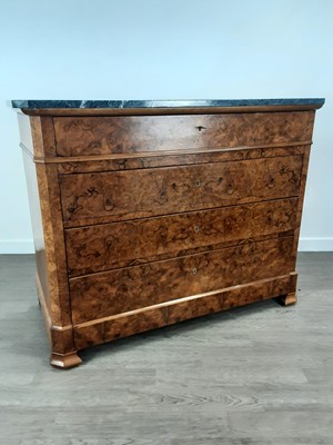 Lot 1532 - FRENCH MARBLE TOPPED BURR WALNUT COMMODE CHEST