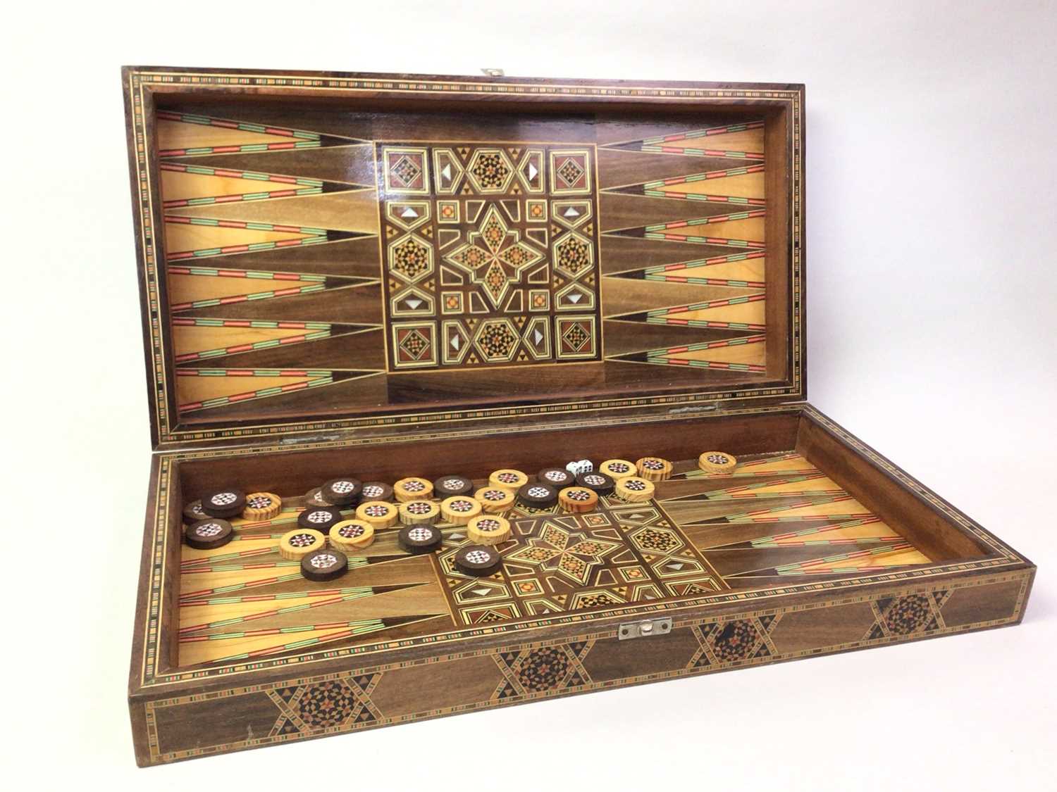 Lot 239 - SYRIAN MARQUETRY CHEQUERS SET