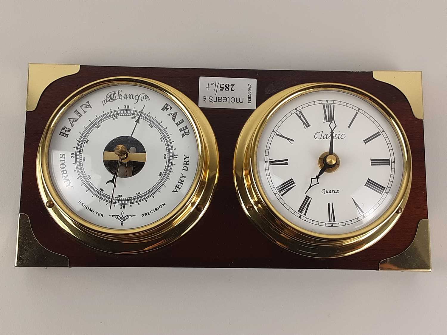 Lot 285 - CLOCK AND BAROMETER ON WOOD PLAQUE