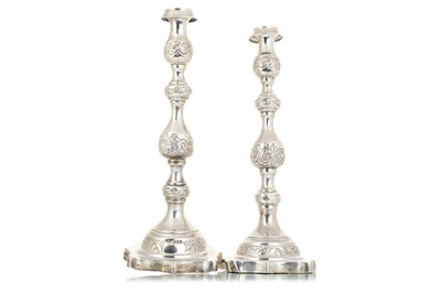 Lot 1158 - PAIR OF SILVER SHABBAT CANDLESTICKS