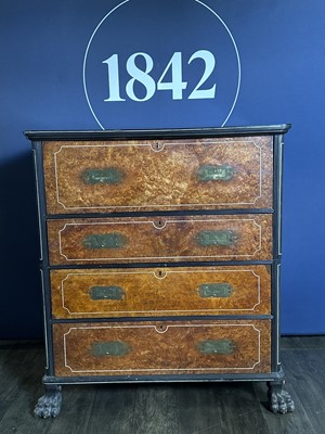 Lot 1511 - CHINA TRADE AMBOYNA CAMPHORWOOD SECRETAIRE CAMPAIGN CHEST