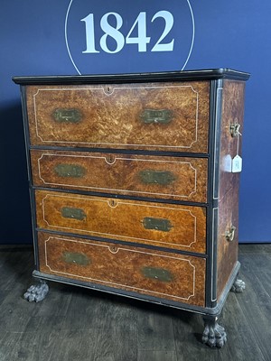 Lot 1511 - CHINA TRADE AMBOYNA CAMPHORWOOD SECRETAIRE CAMPAIGN CHEST