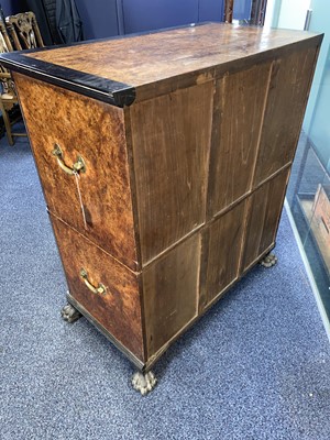 Lot 1511 - CHINA TRADE AMBOYNA CAMPHORWOOD SECRETAIRE CAMPAIGN CHEST