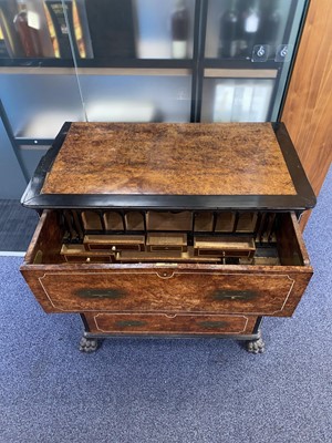 Lot 1511 - CHINA TRADE AMBOYNA CAMPHORWOOD SECRETAIRE CAMPAIGN CHEST