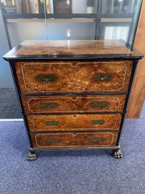 Lot 1511 - CHINA TRADE AMBOYNA CAMPHORWOOD SECRETAIRE CAMPAIGN CHEST