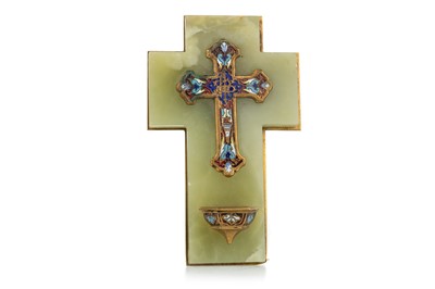 Lot 1244 - GILT METAL AND CHAMPLEVÉ ENAMEL CROSS