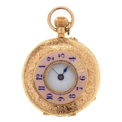 Lot 852 - GOLD AND ENAMEL HALF HUNTER FOB WATCH