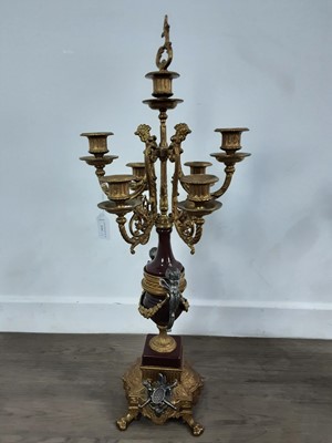 Lot 535 - PAIR OF REPRODUCTION BRASS AND CERAMIC CANDELABRUM