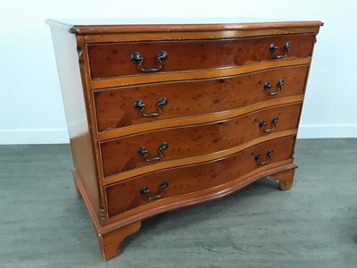 Lot 575 - YEW WOOD SERPENTINE FRONT CHEST OF DRAWERS