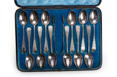 Lot 1197 - SET OF TWELVE VICTORIAN SILVER TEA SPOONS  AND TONGS