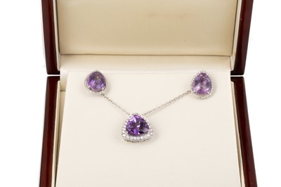 Lot 403 - AMETHYST AND DIAMOND PENDANT ALONG WITH A PAIR OF EARRINGS