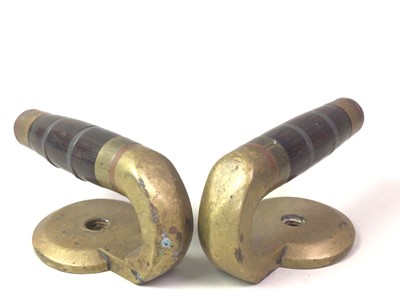 Lot 63 - PAIR OF BRASS AND ROSEWOOD CURLING STONE HANDLES