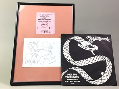 Lot 94 - WHITESNAKE - LOVE HUNTER TOUR FRAMED TICKET AND AUTOGRAPH DISPLAY