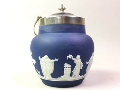 Lot 141 - TWO ADAMS JASPER WARE BISCUIT BARRELS