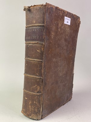 Lot 108 - ERSKINE'S INSTITUTE, AN OLD LEATHER BOUND BOOK PRESENTED TO CAPTAIN MUNRO, FOULIS