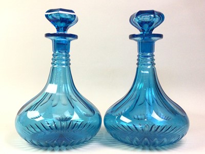 Lot 315 - PAIR OF BLUE GLASS DECANTERS