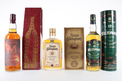 Lot 142 - MILTONDUFF 12 YEAR OLD, ALISTAIR CUNNINGHAM'S 50 YEARS 75CL AND BALLANTINE'S M LIQUEUR 75CL