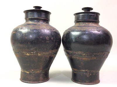 Lot 439 - PAIR OF RUSTIC STYLE LIDDED URNS