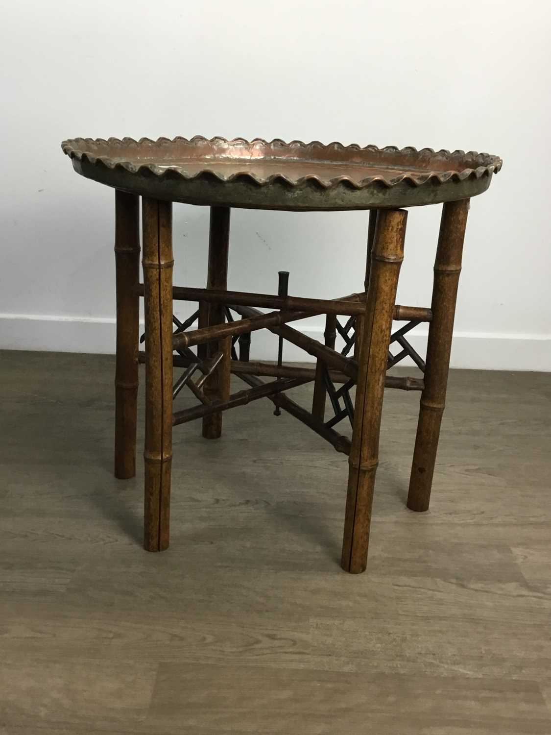Lot 492 - BAMBOO FOLDING TABLE, WITH CIRCULAR COPPER TOP