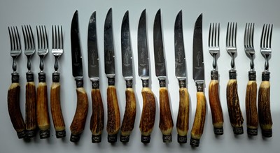 Lot 379 - SET OF ANTLER HANDLED KNIVES AND FORKS
