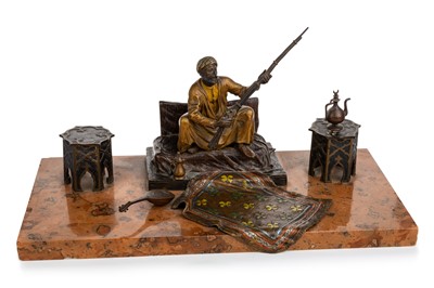 Lot 1275 - FRANZ XAVER BERGMAN (AUSTRIAN, 1861-1936), FINE COLD PAINTED BRONZE DOUBLE INKSTAND