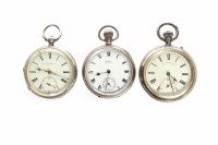 Lot 825 - THREE VARIOUS SILVER OPEN FACE POCKET WATCHES...