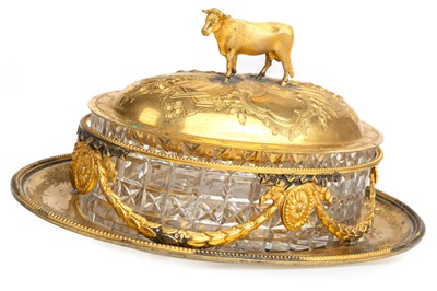 Lot 1304 - VICTORIAN GILT METAL AND CUT GLASS BUTTER DISH