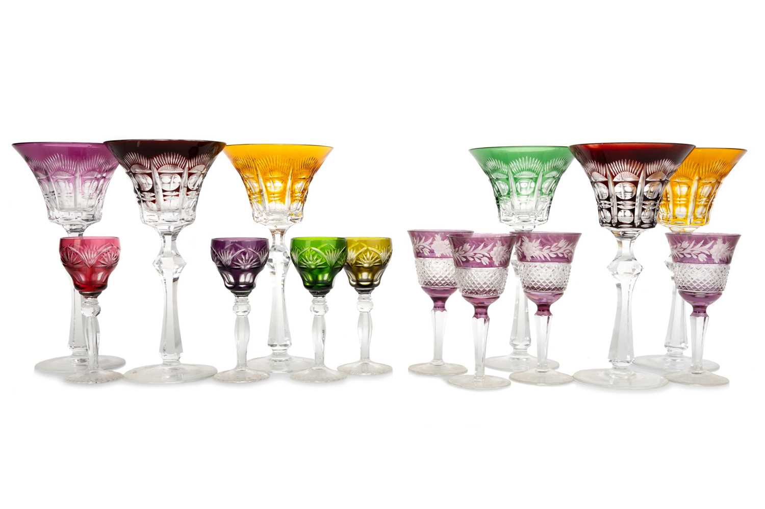 Lot 1311 - SET OF BOHEMIAN HARLEQUIN STEMMED GLASSES