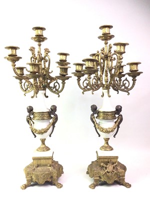 Lot 1332 - PAIR OF BRASS AND MARBLE CANDELABRAS