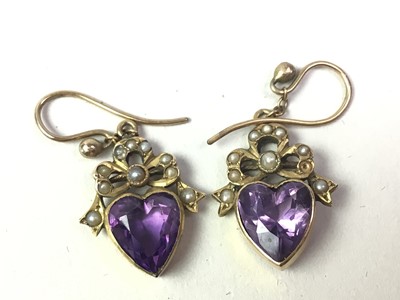 Lot 41 - PAIR OF EDWARDIAN GOLD, AMETHYST AND PEARL DROP EARRINGS