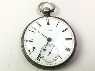 Lot 208 - SILVER POCKET WATCH WITH ALBERT CHAIN