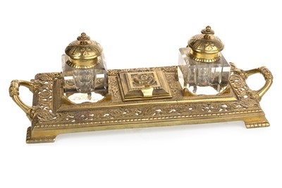 Lot 1357 - VICTORIAN BRASS DOUBLE INKSTAND