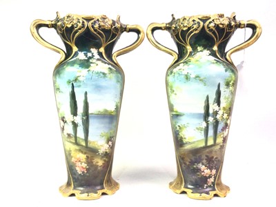 Lot 227 - PAIR OF ART NOUVEAU HAND PAINTED CERAMIC VASES